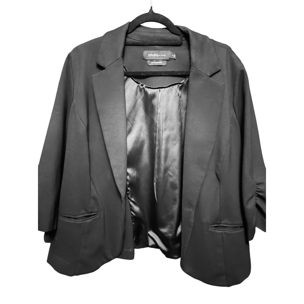 Studio by Torrid Womens Black Ruched 3/4 Sleeve Open Front Blazer Size 22/24